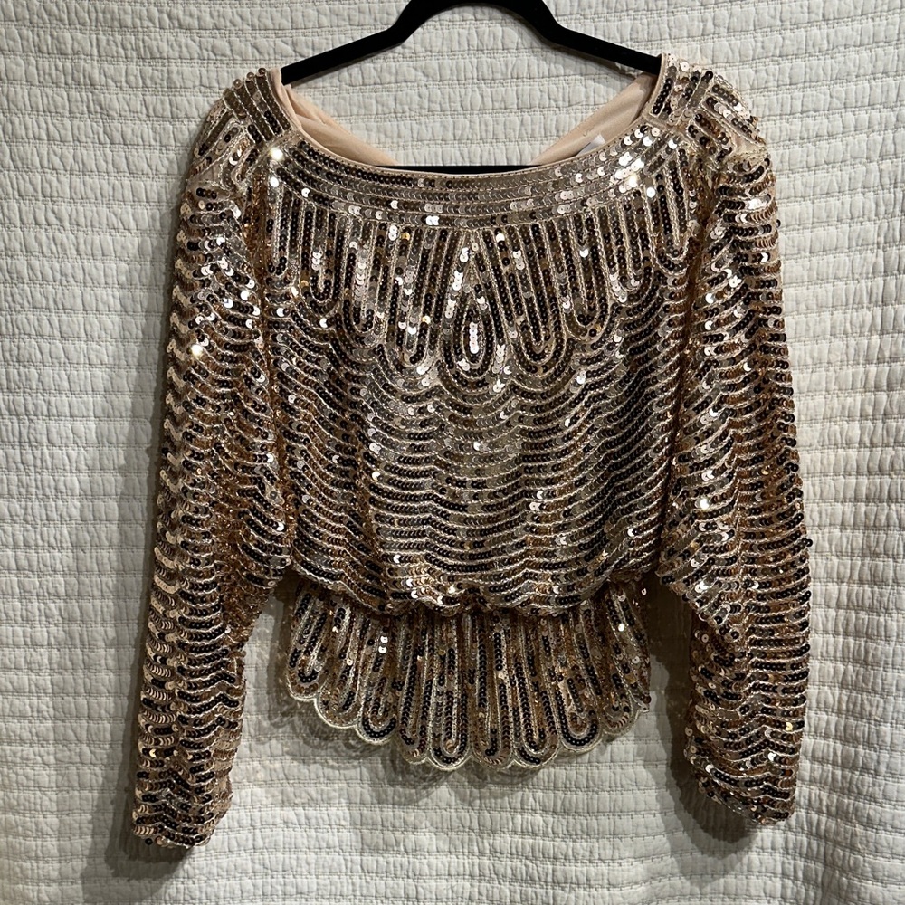 Endless Rose Golden Sequin Party Ready Long Sleeve Top V Neck Back Size XS NWT